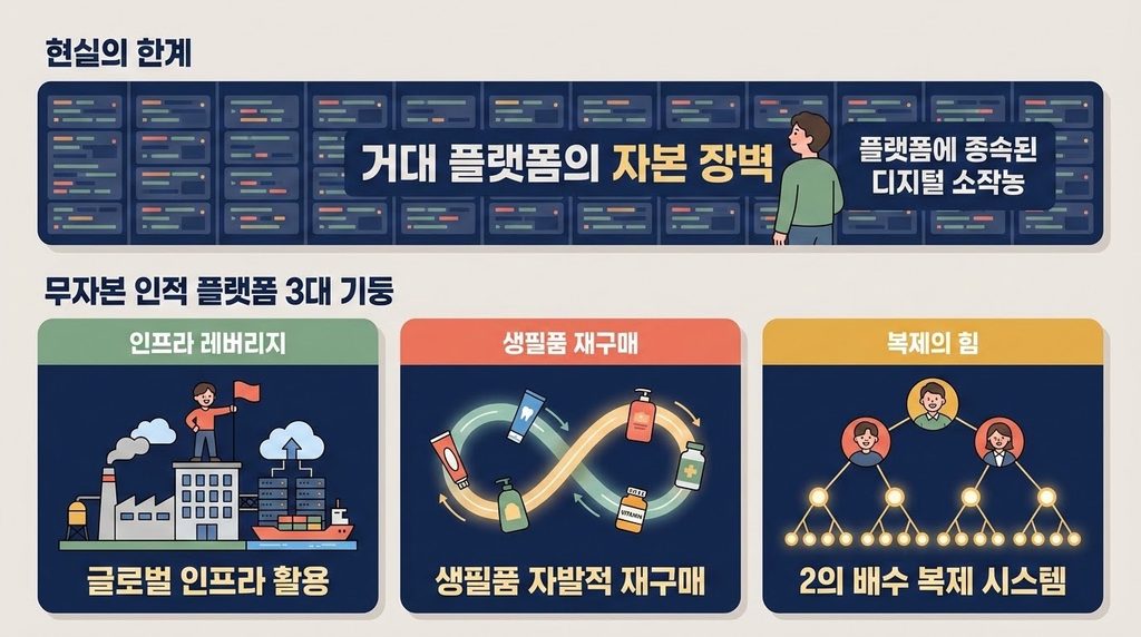 거대 플랫폼의 자본 장벽 앞에 선 디지털 소작농의 현실을 상단에 배치하고, 하단에는 글로벌 인프라 활용, 생필품 자발적 재구매 순환, 2의 배수 복제 시스템(2→4→8→16)을 통해 무자본으로 개인 인적 플랫폼과 권리 소득을 구축하는 원리를 정리한 비즈니스 인포그래픽.