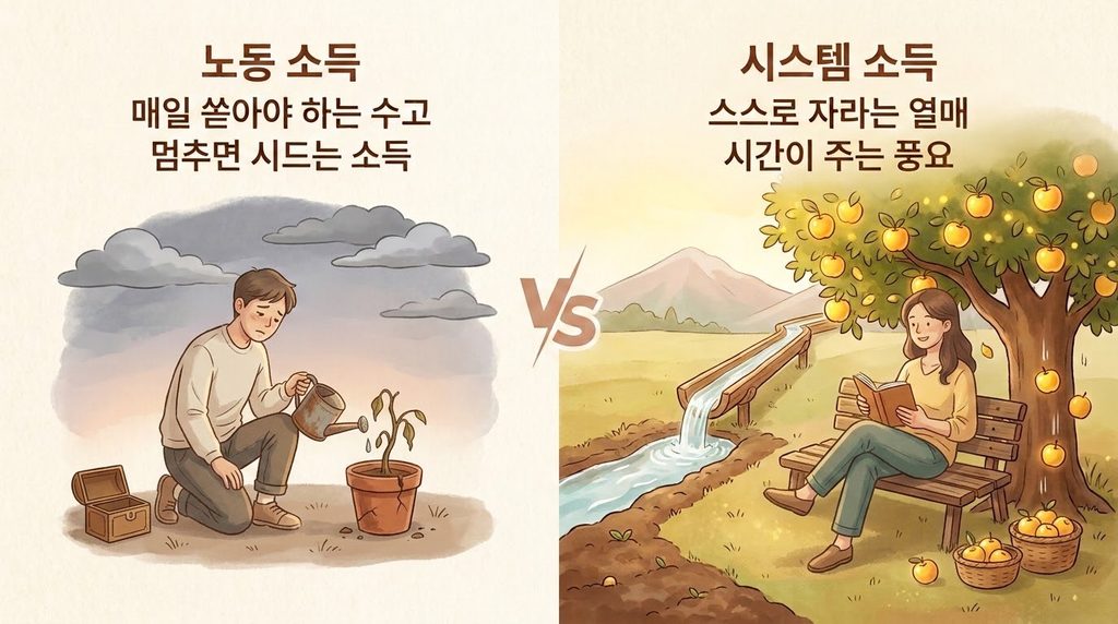 '노동 소득'과 '시스템 소득'의 차이를 따뜻한 일러스트로 표현한 비교 이미지: 좌측에는 지친 남성이 메마른 화분에 물을 주며 멈추면 시드는 노동의 한계를, 우측에는 아침 햇살 아래 풍성한 황금 열매가 열린 과수원 벤치에서 여유롭게 책을 읽는 여성을 통해 스스로 자라는 시스템 소득의 풍요로움을 대비한 그림.